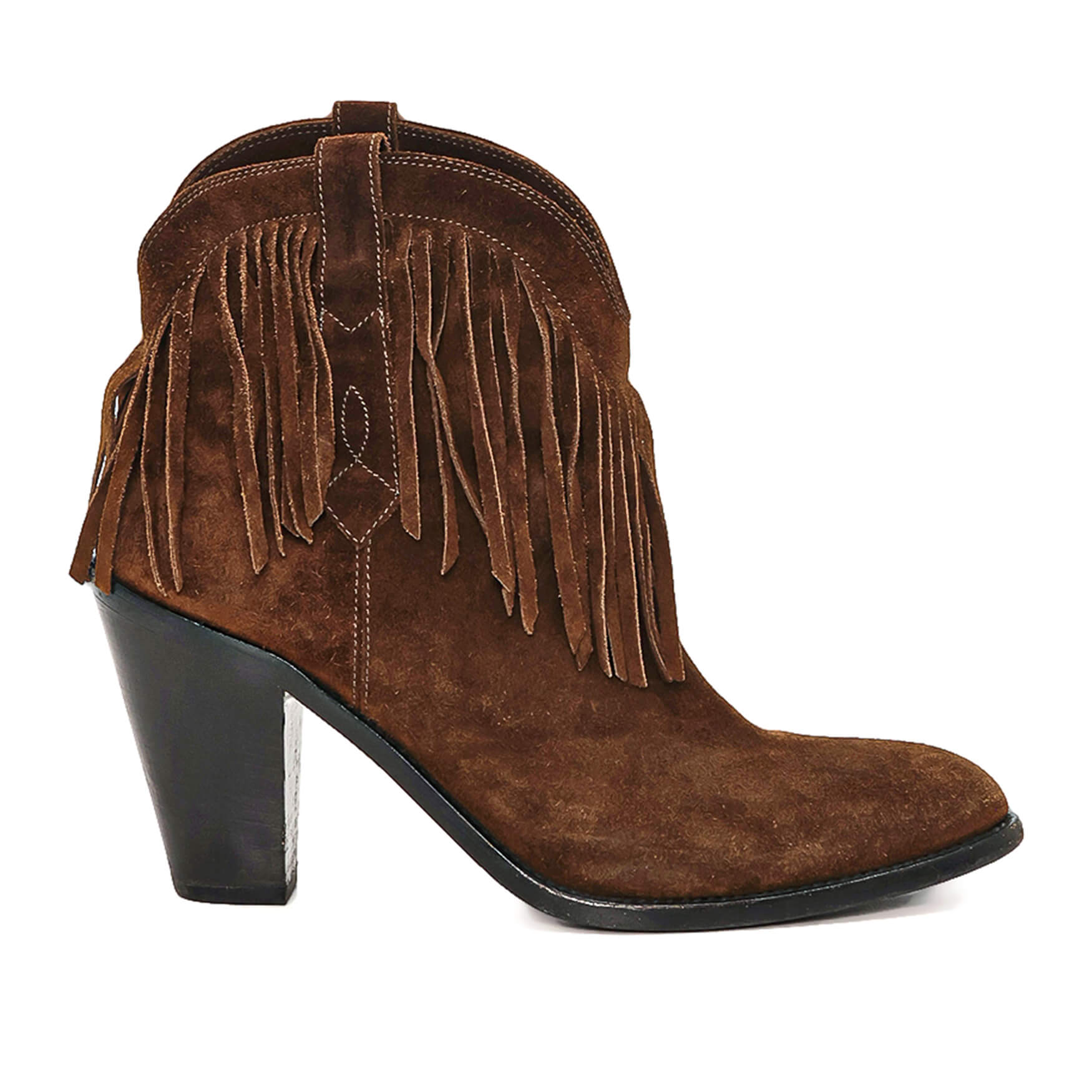 Yves Saint Lauent - Brown Suede Fringe Western Booties 